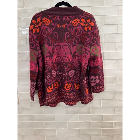 Floral Cardigan Sweater Burgundy Pink Orange 2 Button Front Size XL - Picture 3 of 5